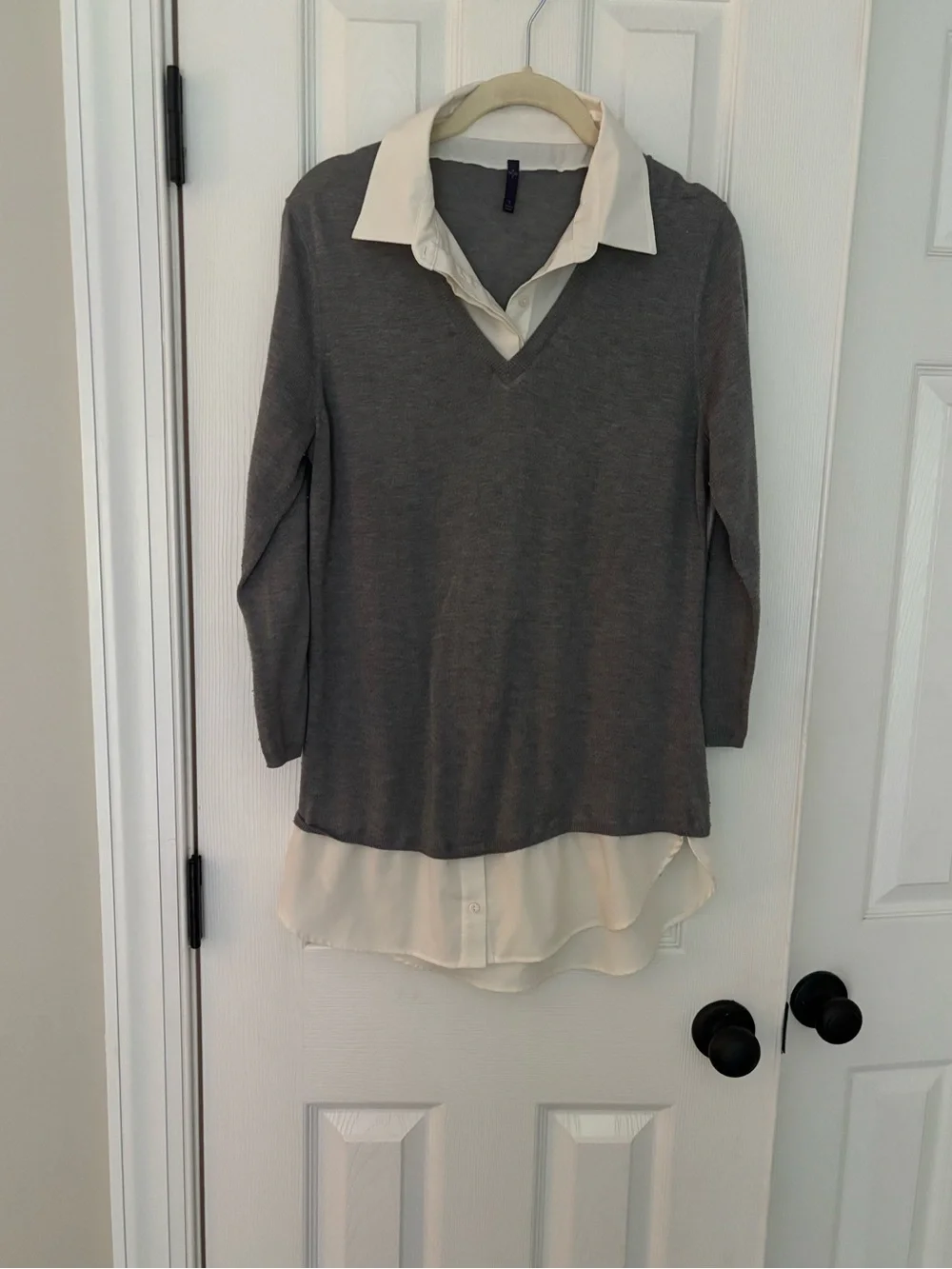 NYDJ Gray Layered V-Neck Sweater with White Shirt Detail